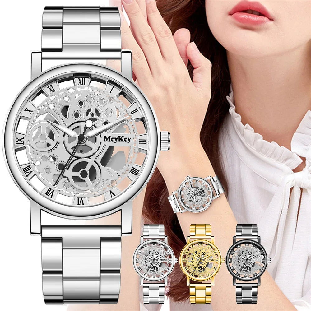 New Fashion Women's Hollow Skeleton Faux Mechanical Watch - Metal Mesh Quartz Wristwatch, Relogio Feminino for Ladies