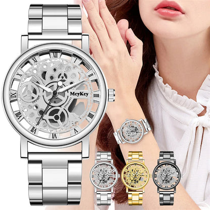New Fashion Women's Hollow Skeleton Faux Mechanical Watch - Metal Mesh Quartz Wristwatch, Relogio Feminino for Ladies