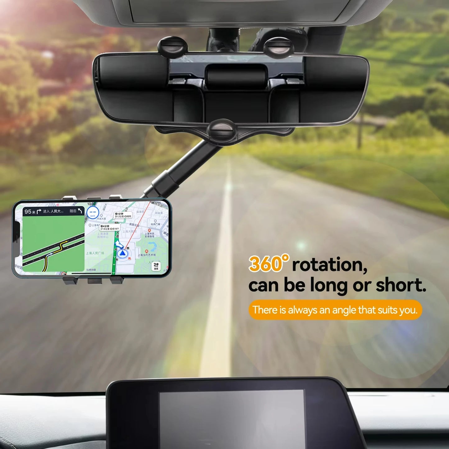 360° Adjustable Car Rearview Mirror Phone Holder - Retractable GPS Mount Clip for Mobile Devices
