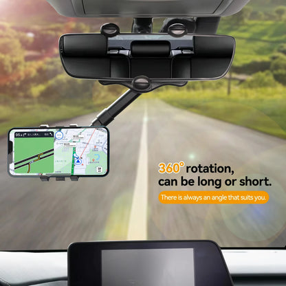 360° Adjustable Car Rearview Mirror Phone Holder - Retractable GPS Mount Clip for Mobile Devices
