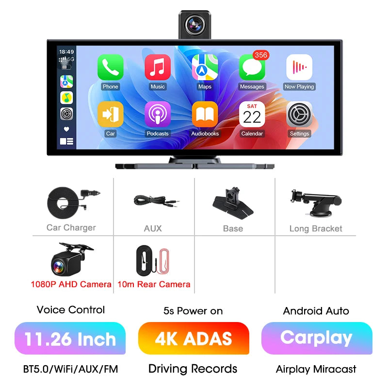 11.26” 4K ADAS Dash Cam Display – Wireless Android Auto & CarPlay Screen DVR with Dual Recording, Night Vision & FM Car System