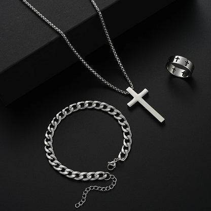 3-Piece Stainless Steel Jewelry Set – Men’s & Women’s Retro Bracelet, Necklace, Ring for Punk Hip Hop Fashion