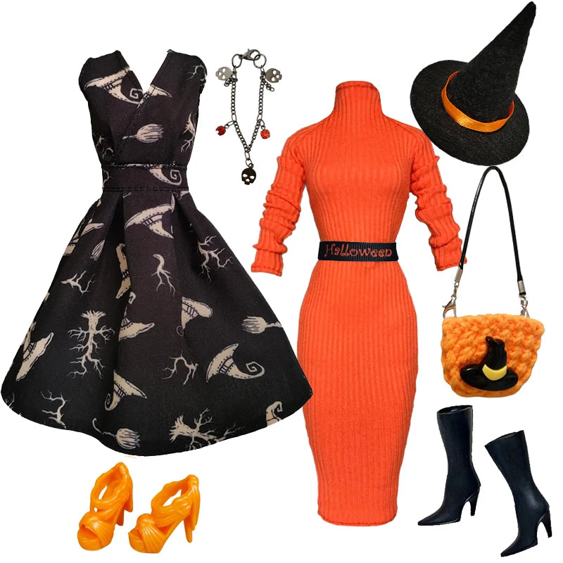 1/6 Doll Halloween Cosplay Outfit – Witch Dress, Cap, Belt, Bag & Broom for 12" BJD / 30cm Dolls