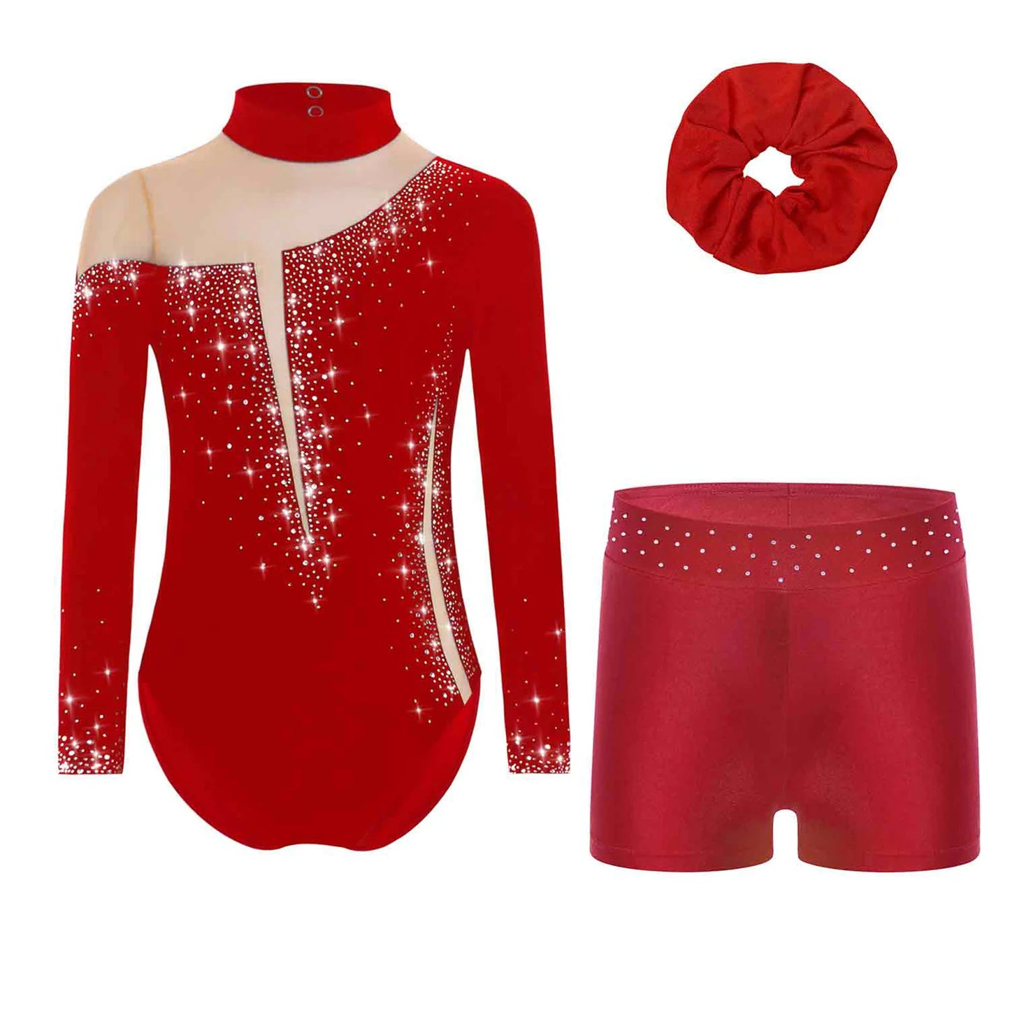 Kids Girls Long-Sleeve Ballet Leotard with Body Shorts & Hair Band — Gymnastics Dance Bodysuit