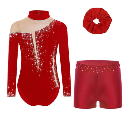 Kids Girls Long-Sleeve Ballet Leotard with Body Shorts & Hair Band — Gymnastics Dance Bodysuit