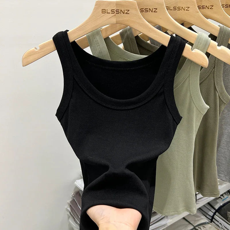 Women’s Ribbed Tank Top Camisole – Solid Color Round Neck Elastic O-Neck Basic Summer Sleeveless Top