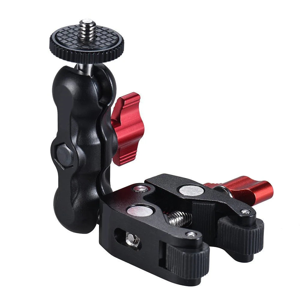Super Clamp Camera Mount with 360° Ballhead, Double Ball Head Magic Arm Adapter for DSLR, GoPro, LED Lights, and Phone