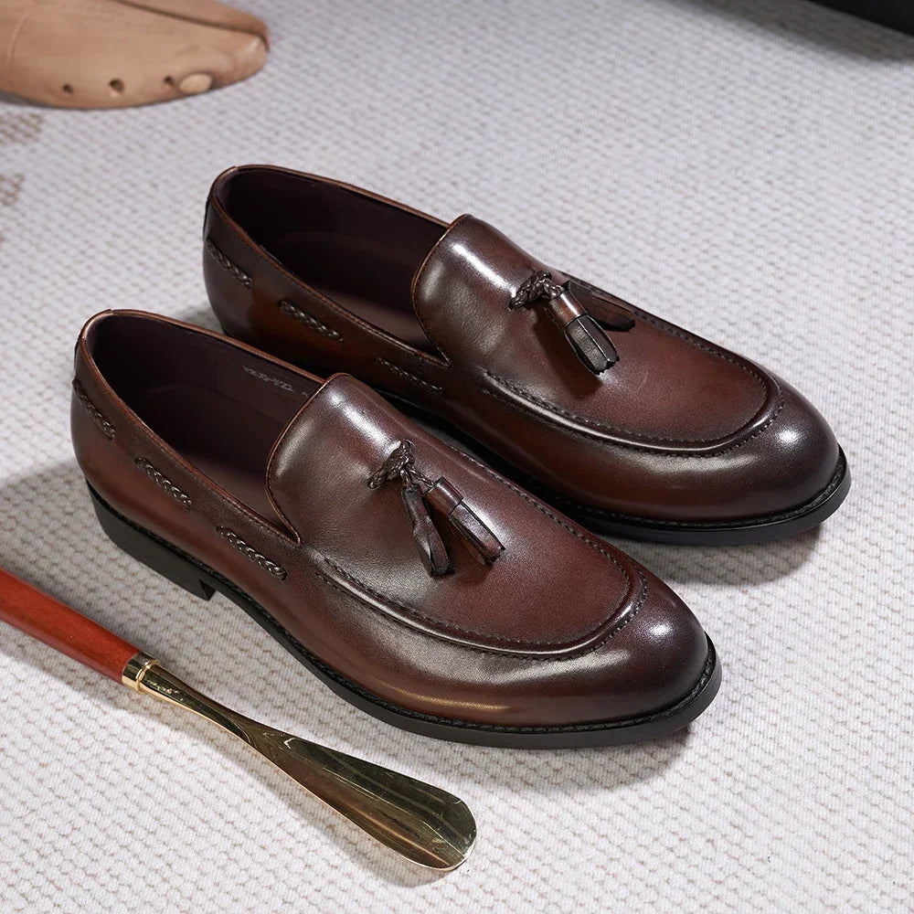 Men’s Genuine Leather Tassel Loafers - Handmade Slip-On Casual Dress Shoes for Office Wedding and Daily Wear