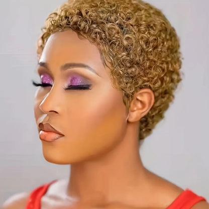 99J Short Curly Human Hair Wig - Full Machine-Made Kinky Curly Wig for Women