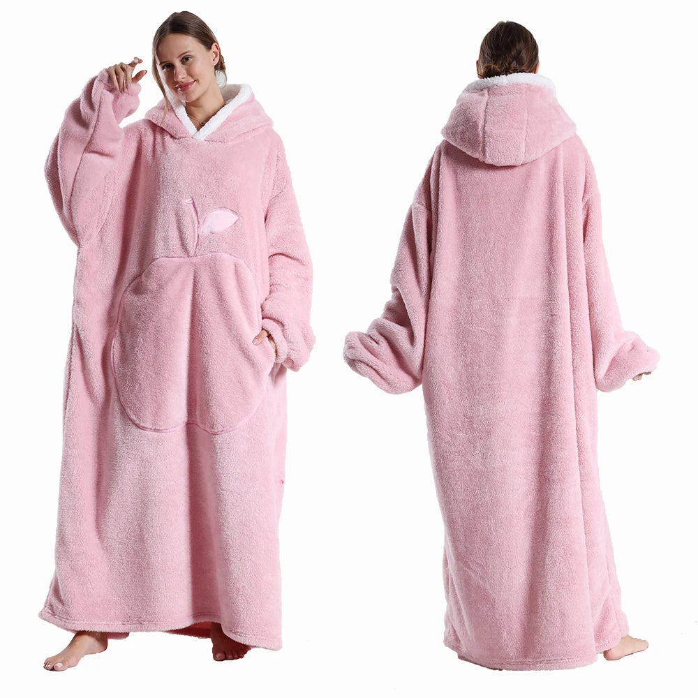 Extra Long Wearable Blanket - Winter Flannel Hooded Blanket with Full Sleeves, Cozy Soft Throw for Men and Women