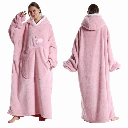 Extra Long Wearable Blanket - Winter Flannel Hooded Blanket with Full Sleeves, Cozy Soft Throw for Men and Women
