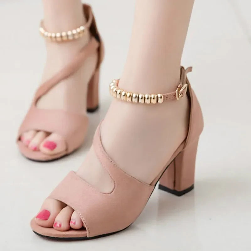 Women’s Spring Summer Sexy Fish Mouth Roman Sandals – Hollow Beaded High Heel Thick Sole Summer Shoes