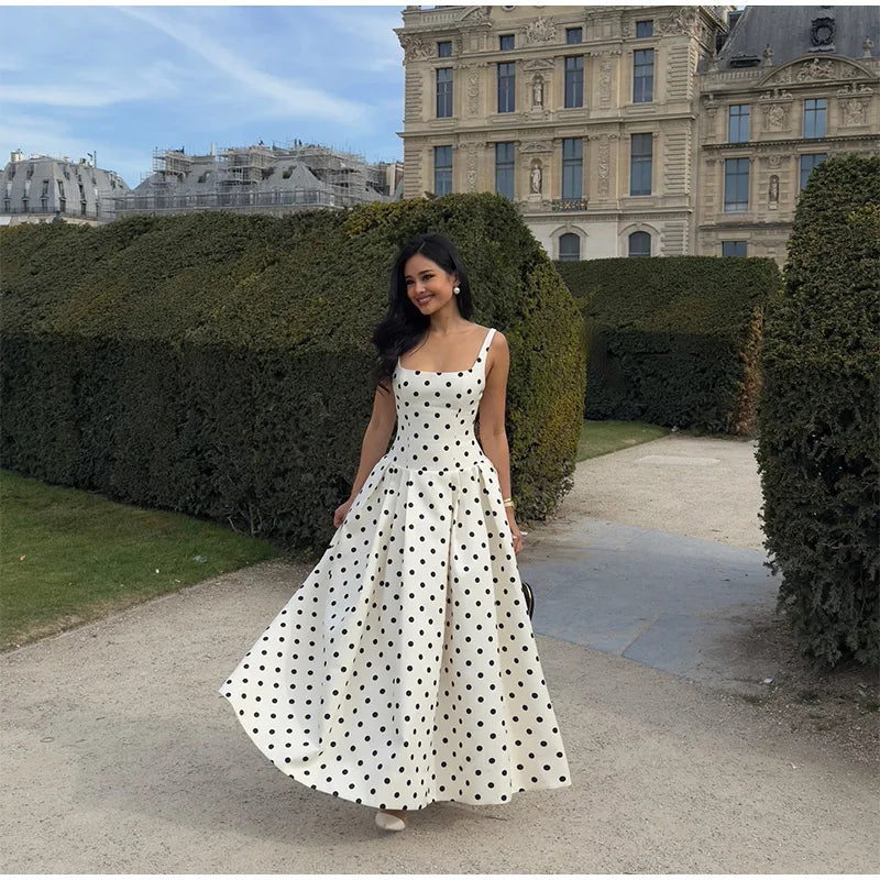 Elegant Women’s Polka Dot Maxi Dress – Chic Sleeveless Round Neck High Waist Slim Fit Vestido for Party & Street, 2025 New