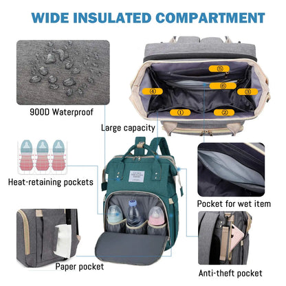 3-in-1 Diaper Bag Backpack – Waterproof Travel Bag with Foldable Baby Bed & USB Charging