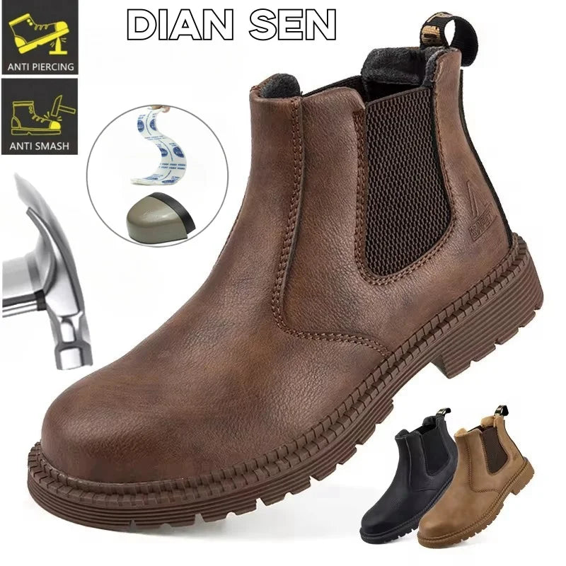 Waterproof Safety Work Shoes for Men – Steel Toe Leather Boots, Indestructible Construction Footwear in Brown
