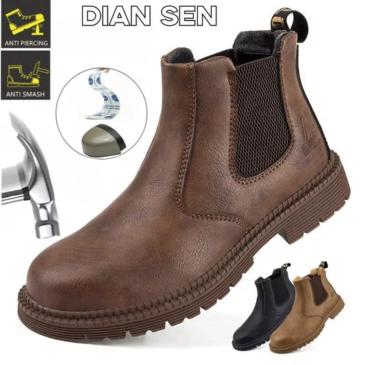 Waterproof Safety Work Shoes for Men – Steel Toe Leather Boots, Indestructible Construction Footwear in Brown