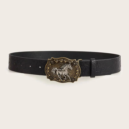 Neutral Horse Head Buckle PU Belt – Fashionable Peony Pattern Design