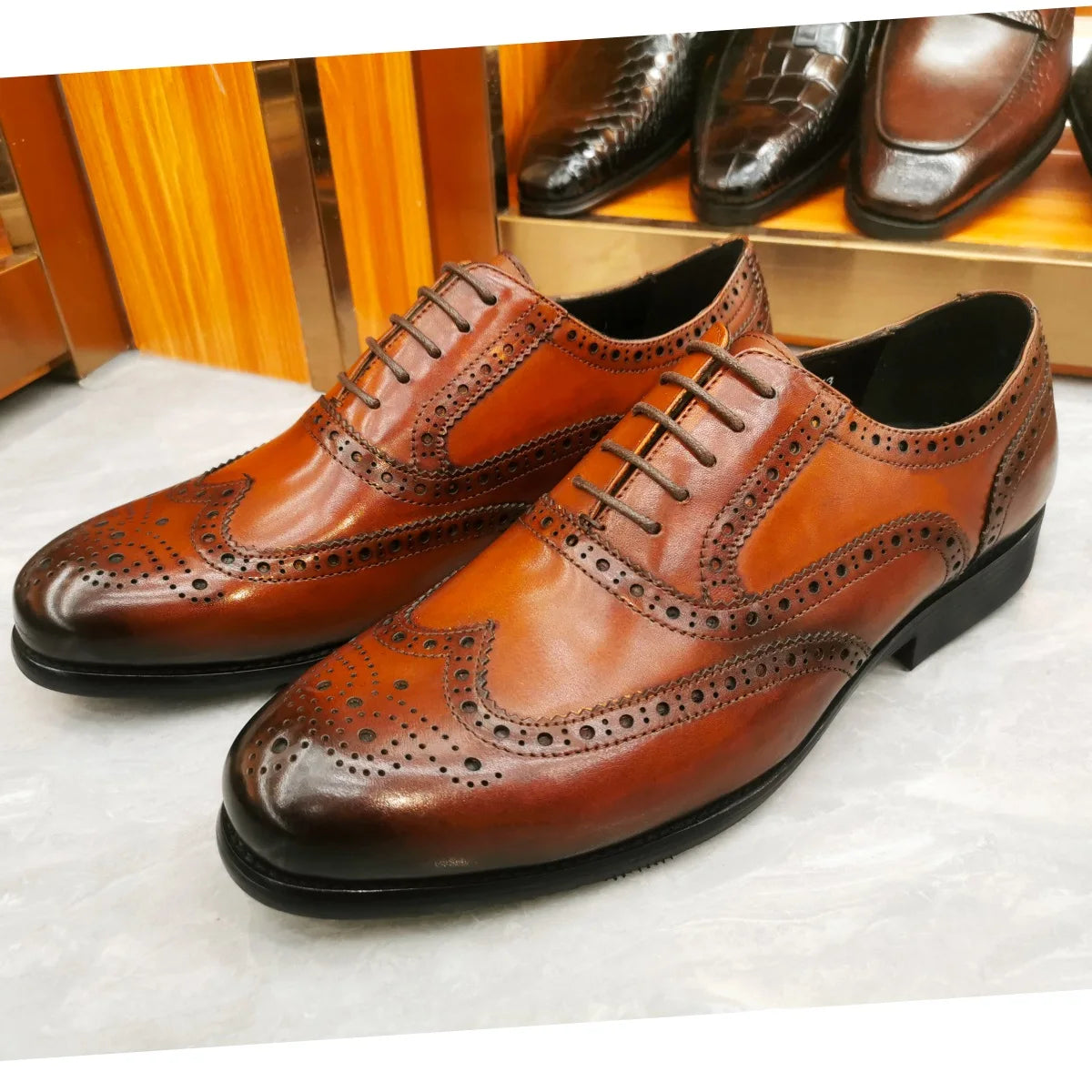 Men’s Genuine Leather Wingtip Oxford Shoes - Luxury Brogue Lace-Up Black and Brown Business Wedding Dress Shoes