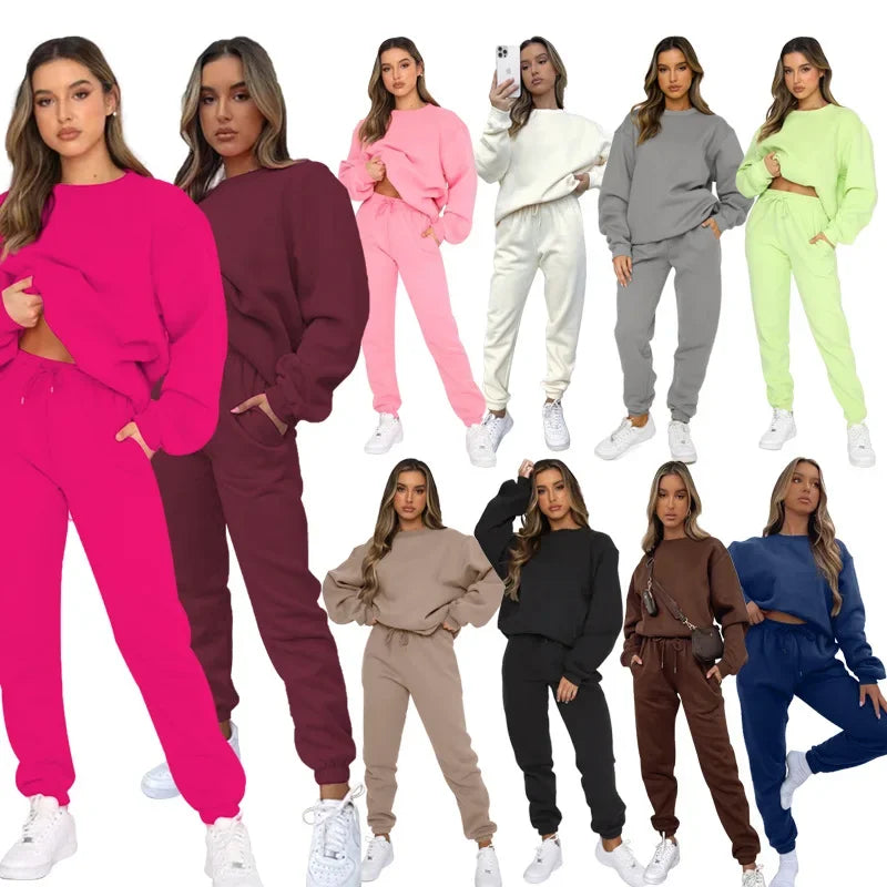 Women’s Casual Long Sleeve Sweatshirt & Pants Set – Solid Color Pullover Trousers, Round Neck Autumn Winter Outfit