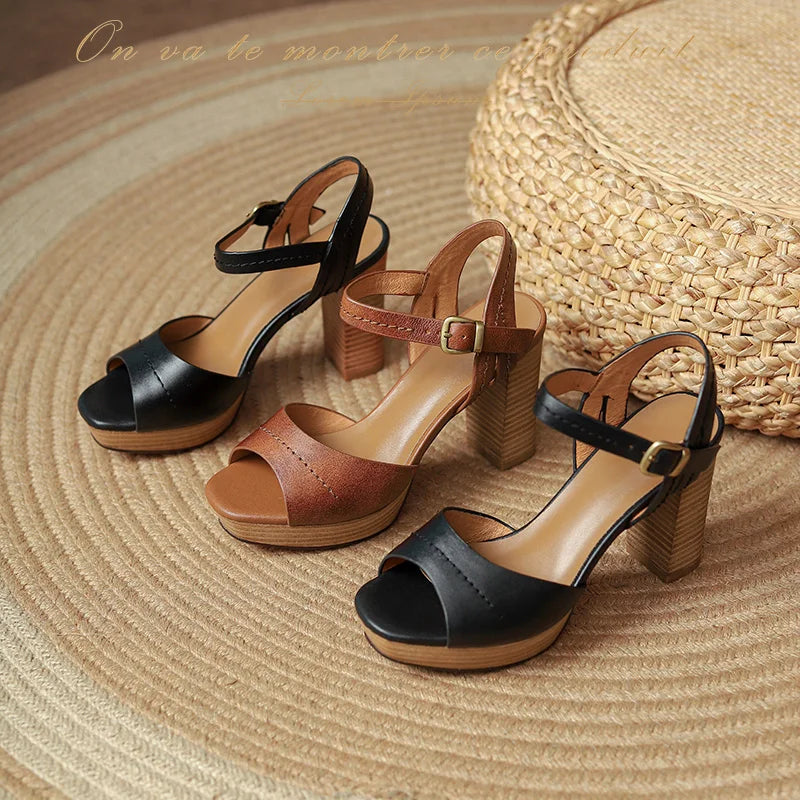 EAGSITY Women’s Genuine Leather Square Heel Sandals – Peep Toe Ankle Strap Platform Party Pumps