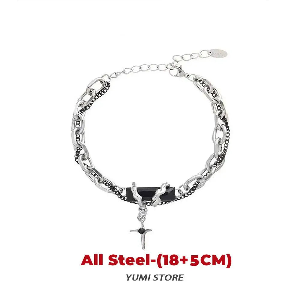 Retro Flame Cross Bracelet - Unisex Hip Hop Titanium Steel Splice Chain Charm, Kpop Luxury Jewelry for Men & Women