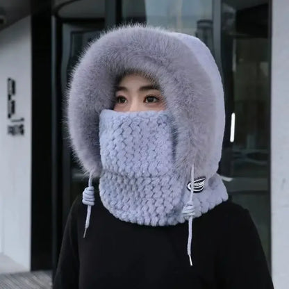 Women’s Winter Plush Hat with Hood & Scarf – Warm Thick Windproof Thermal Cap with Ear Protection for Outdoor Cycling & Riding