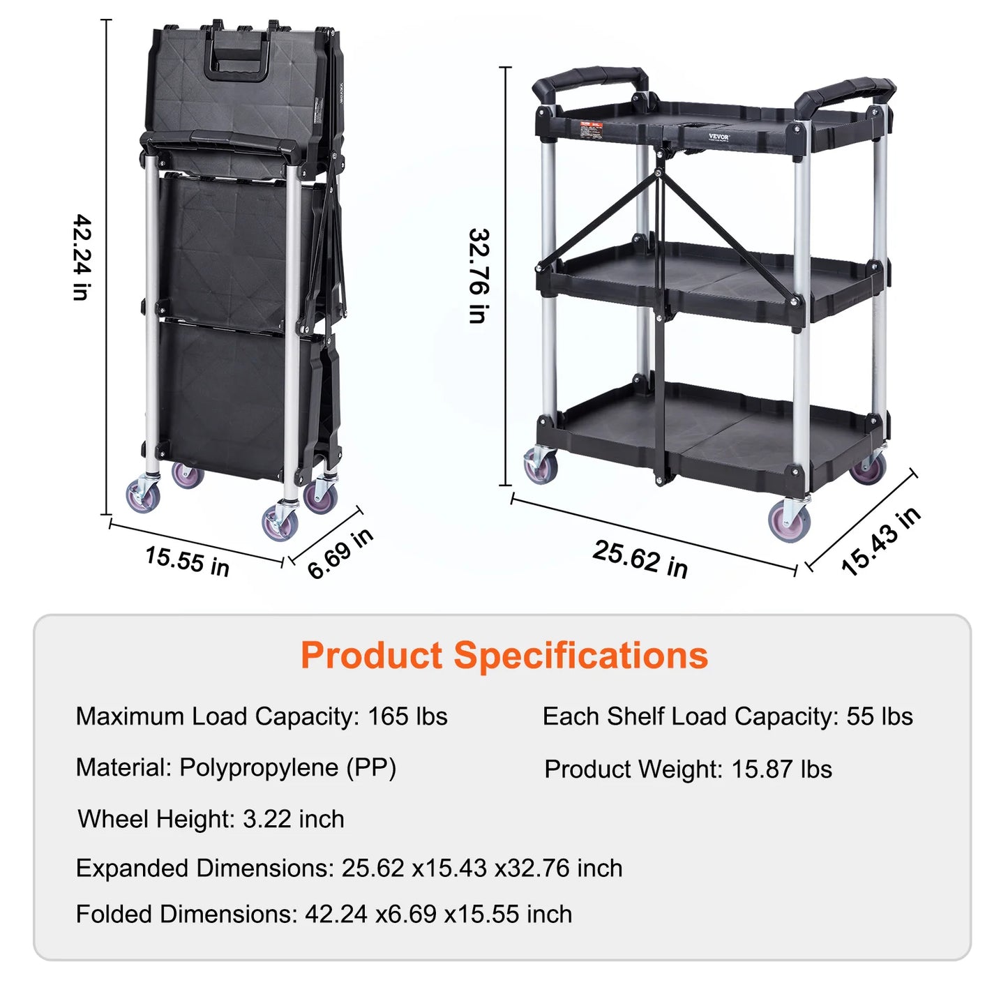 VEVOR 3-Tier Folding Rolling Utility Cart – Slim Storage Shelf & Slide Organizer for Kitchen & Bathroom