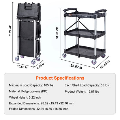 VEVOR 3-Tier Folding Rolling Utility Cart – Slim Storage Shelf & Slide Organizer for Kitchen & Bathroom