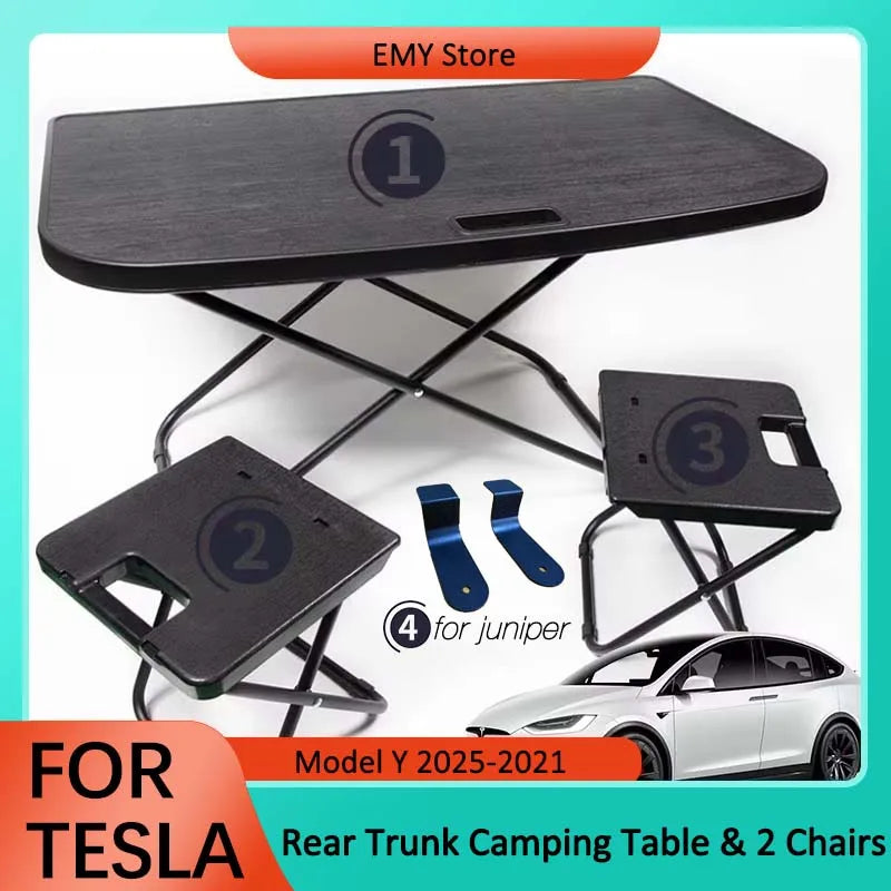 Tesla Model Y 2020-2025 Portable Folding Picnic Table – Travel Camping Boot Table with Chairs Set for Rear Trunk