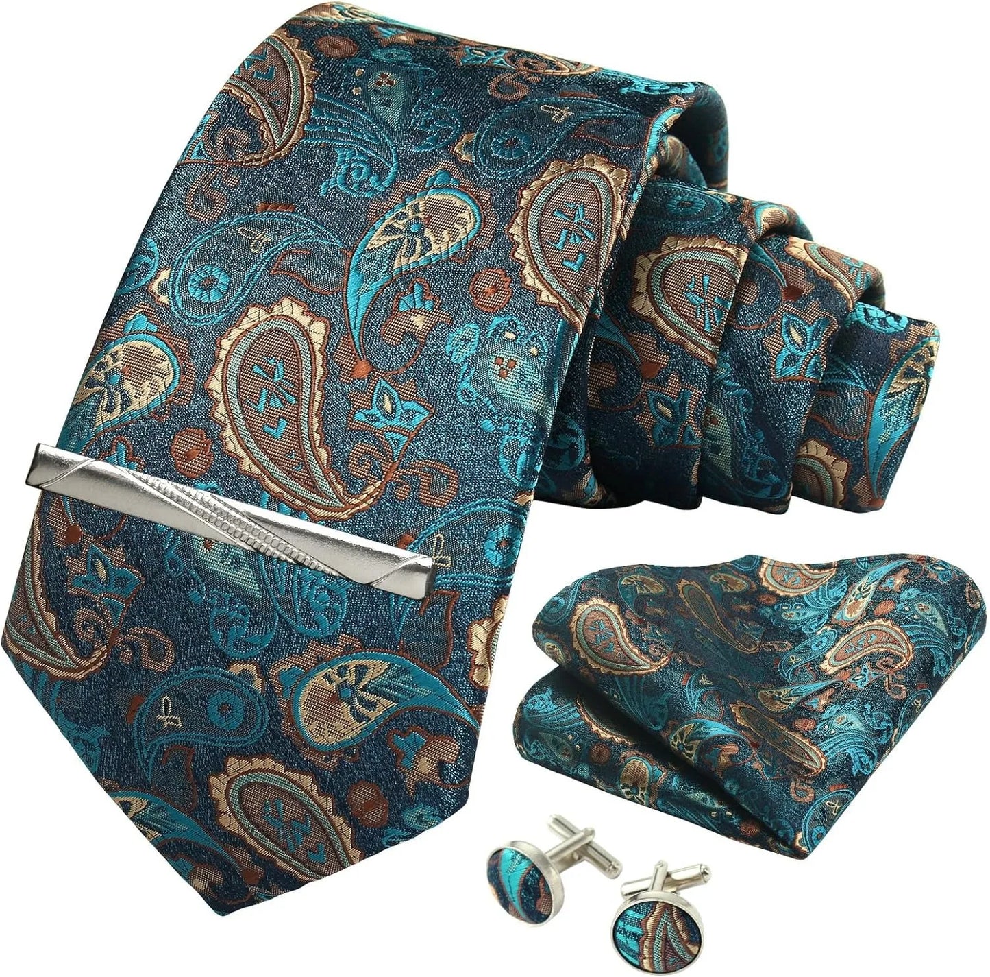 100% Silk Men’s Necktie Set with Paisley Floral Design, Business Tie with Pocket Square, Tie Clip & Cufflinks Gift Box Set for Men