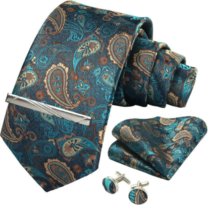 100% Silk Men’s Necktie Set with Paisley Floral Design, Business Tie with Pocket Square, Tie Clip & Cufflinks Gift Box Set for Men