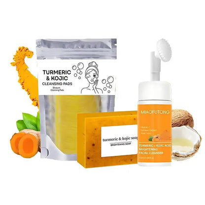 Turmeric & Kojic Acid Cleanser and Soap Set - Deep-Cleansing Skincare for Oil Control, Blackhead Care, and Radiant-Looking Skin