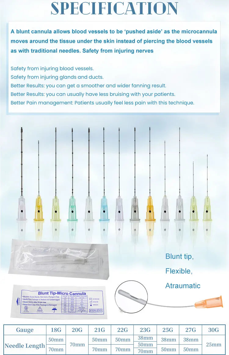 50PCS Sterile Blunt Tip Micro Cannula Needles Set — Flexible Disposable 18G–27G Fine Tip Microcannula