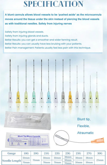 50PCS Sterile Blunt Tip Micro Cannula Needles Set — Flexible Disposable 18G–27G Fine Tip Microcannula
