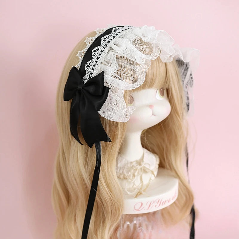 Lolita Lace Headband with Ribbon Bow - Sweet Dark Hair Accessory