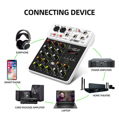 V4 4-Channel Audio Interface Mixer — USB & Bluetooth with 48V Phantom Power, Effects & Recording