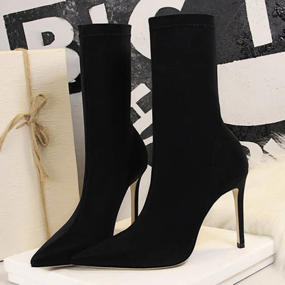 Women’s Satin Sock Ankle Boots - 7.5cm & 10cm High Heels Pointed Toe Winter Fashion Boots
