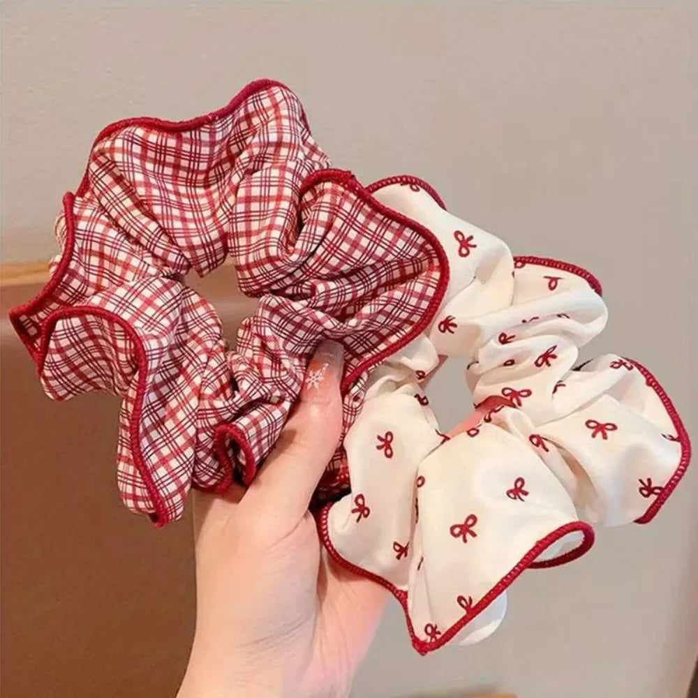 Red Dot Plaid Scrunchies - 2/3pcs Soft Elastic Hair Ties for Women & Girls, Cute Fashion Hair Accessories