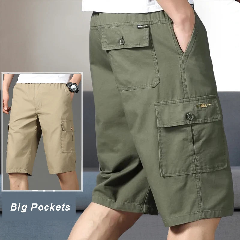 Men's Cargo Knee Shorts - Cotton Summer Climbing Jogger Pants with Zipper Pockets & Elastic Waist