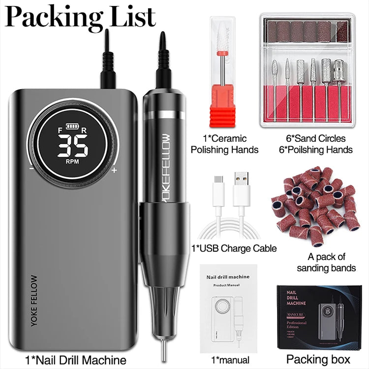YOKEFELLOW Professional Nail Drill Kit – 35000RPM Rechargeable Electric Nail File for Manicure, Acrylic & Gel Nails