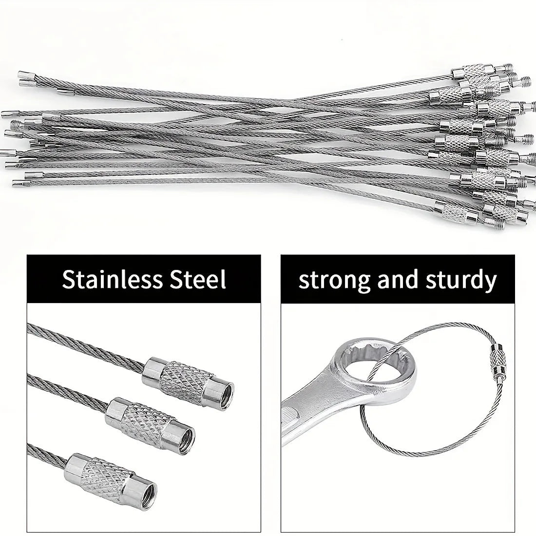 Metal Keychain Tag with Stainless Steel Wire Cable - Screw Lock Gadget Ring for Camping & Hardware