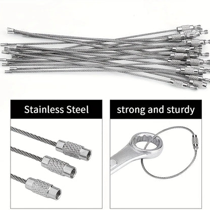 Metal Keychain Tag with Stainless Steel Wire Cable - Screw Lock Gadget Ring for Camping & Hardware