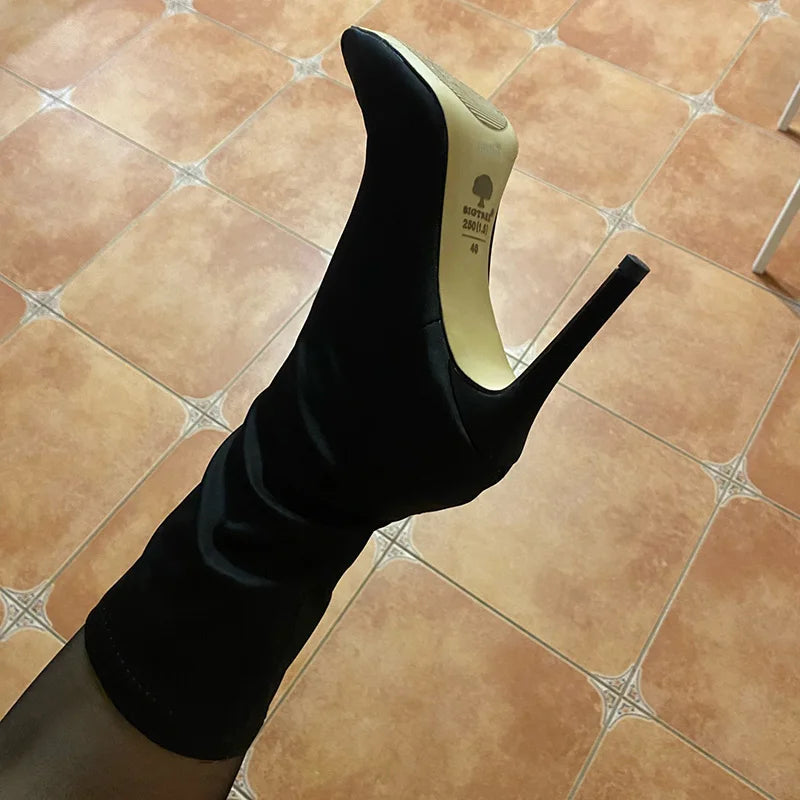 Women’s Satin Sock Ankle Boots - 7.5cm & 10cm High Heels Pointed Toe Winter Fashion Boots