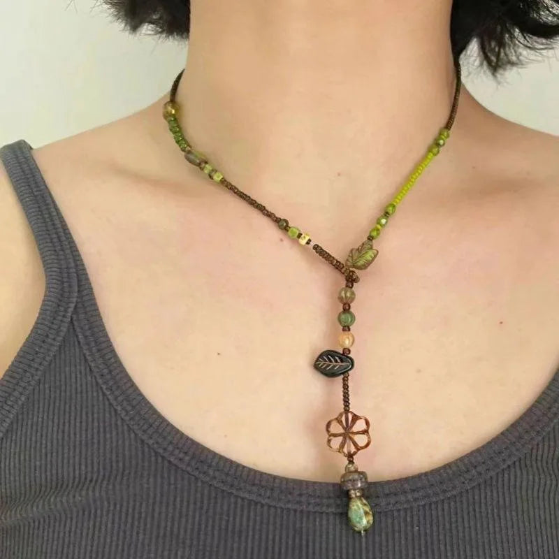 Ethnic Stone Beaded Flower Necklace - Hollow Pendant Adjustable Rope Chain Boho Beach Jewelry Gift for Women