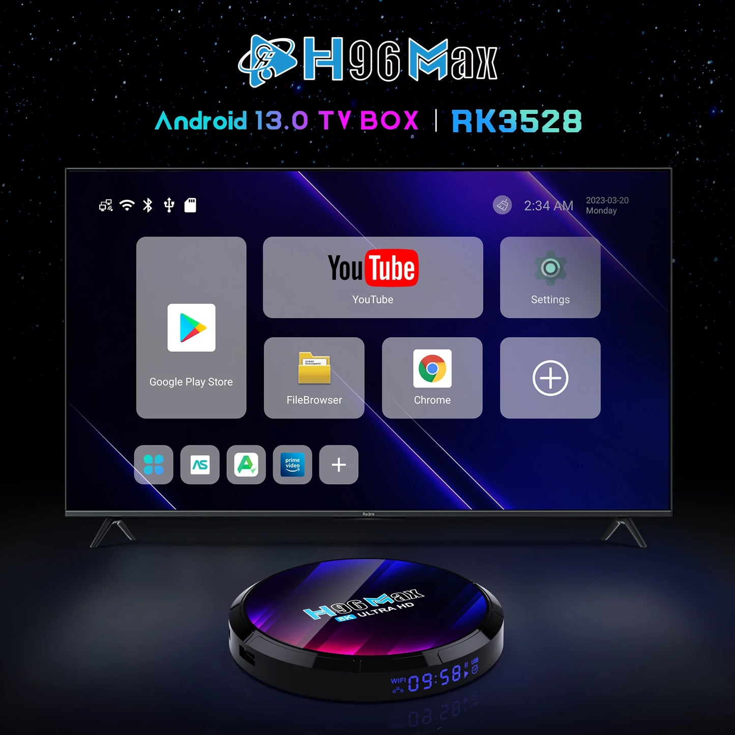 H96MAX Android TV Box RK3528 – 4K & 8K Video, WiFi6, BT5.0, 2.4G/5.8G, Set-Top Box for Streaming and Media Playback