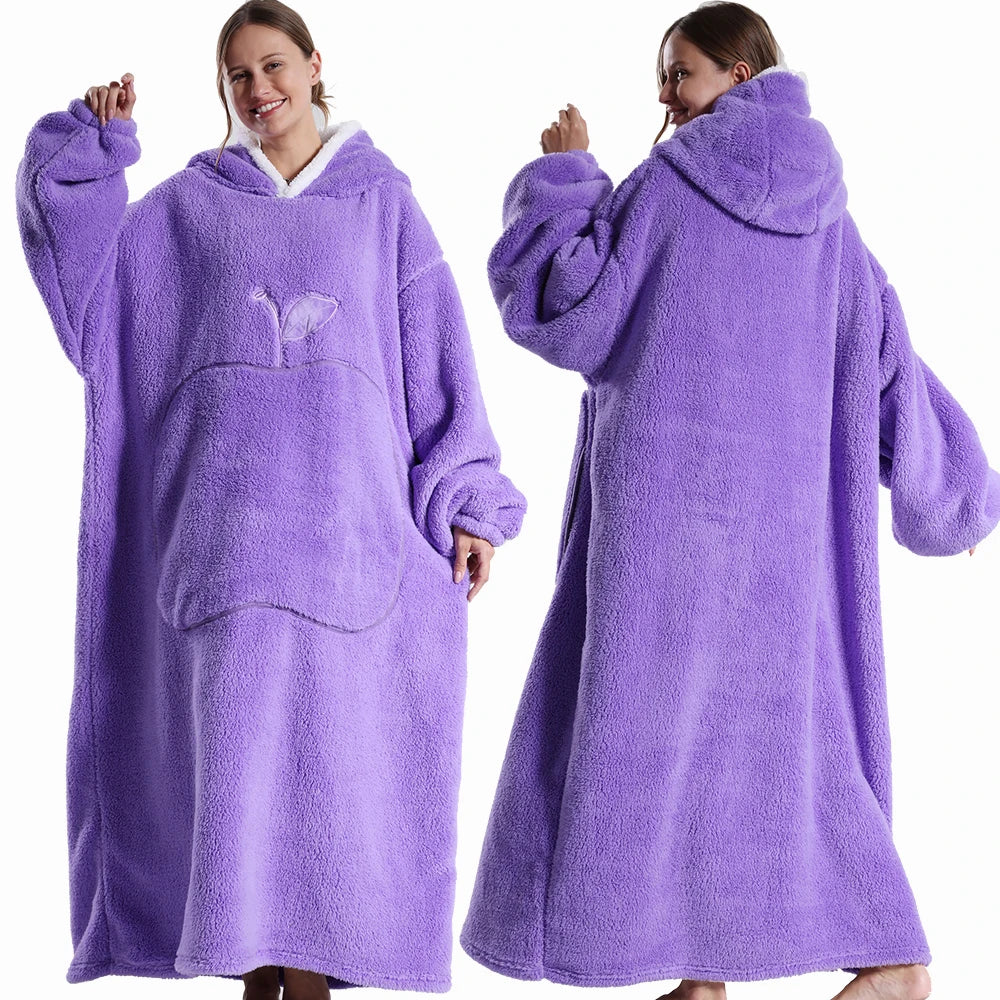 Extra Long Wearable Blanket - Winter Flannel Hooded Blanket with Full Sleeves, Cozy Soft Throw for Men and Women