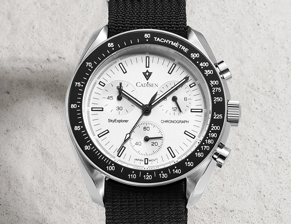 CADISEN Men's Luxury Watch – Quartz VK68 Chronograph, Sapphire AR Crystal, Canvas Strap Speed Style Wristwatch
