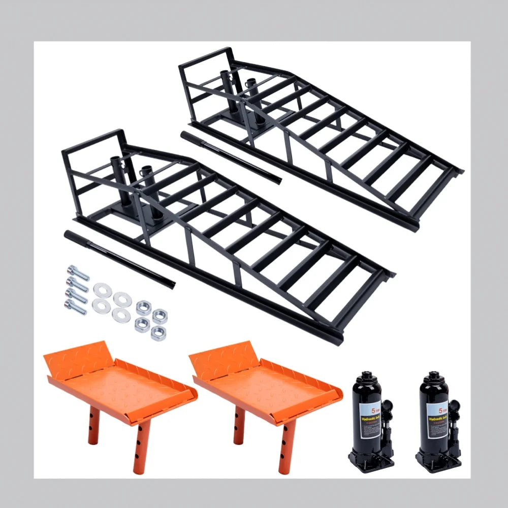 2PCS Heavy Duty Hydraulic Car Ramps - 11000LBS Floor Jack Lift Ramps for Oil Changes, Trucks & Garage Auto Repair