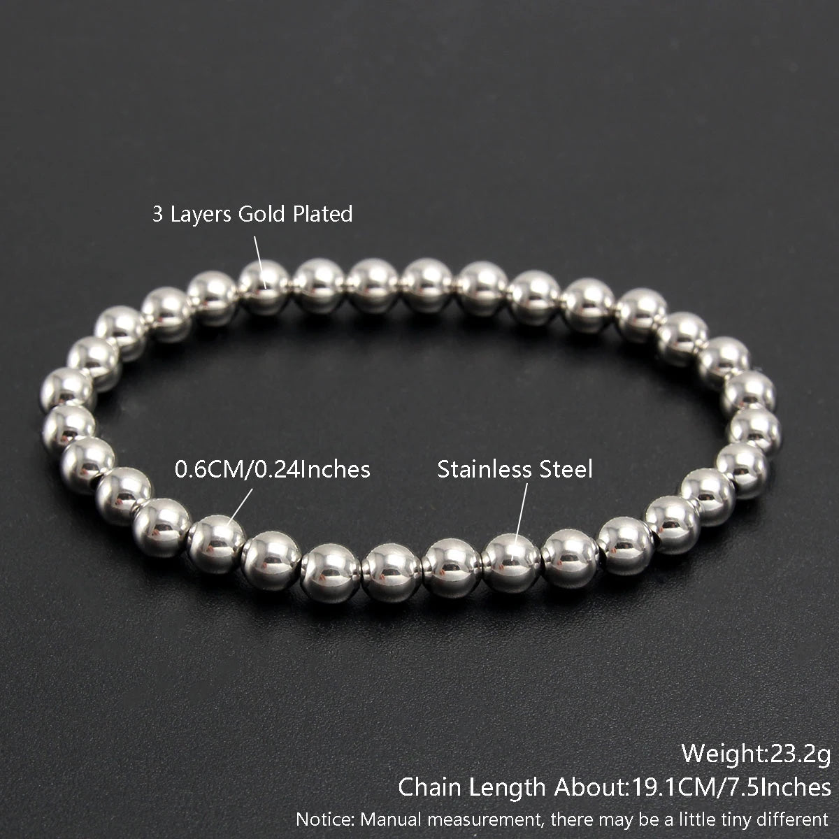 MHS.SUN Trendy Stainless Steel Stretch Bracelet — Gold & Silver Beaded 2mm/5mm/8mm for Men & Women