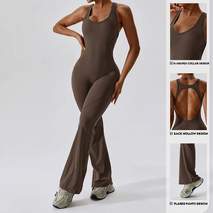 Flaunt Your Style: Sexy Back V Jumpsuit Gym Set - Women's Sportswear, Fitness Rompers for Stretch Workout Bodysuits